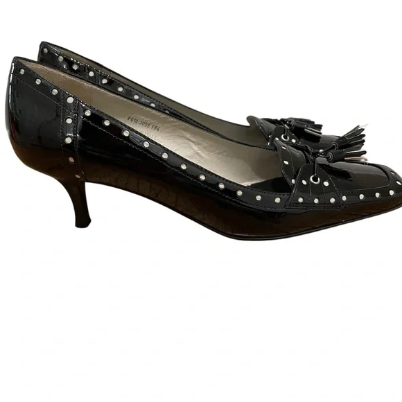 Coach Jude Patent Leather Black Parchment Studded Tassel Kitten Heels Women 10 - Picture 7 of 11